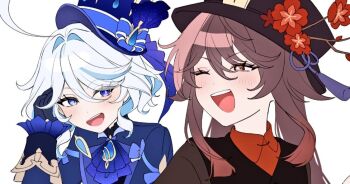 Rule 34 | 2girls, ascot, asymmetrical gloves, black hat, blue ascot, blue gem, blue hair, blue hat, blue jacket, blue pupils, chinese clothes, commentary request, drop-shaped pupils, eyelash ornament, flower, flower-shaped pupils, furina (genshin impact), gem, genshin impact, gloves, hat, hat flower, heterochromia, hu tao (genshin impact), jacket, mismatched gloves, mismatched pupils, multicolored hair, multiple girls, ouji fashion, plum blossoms, porkpie hat, streaked hair, symbol-shaped pupils, top hat, uzukin (uzu kazu411)