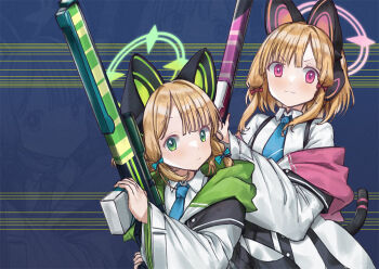 2girls animal_ear_headphones animal_ears battle_rifle blonde_hair blue_archive blue_necktie bow cat_ear_headphones cat_ears cat_tail collared_shirt commentary counter-strike counter-strike_(series) cute_weapon english_commentary fake_animal_ears green_eyes green_halo gun h&amp;k_g3 hair_bow halo headphones holding holding_gun holding_weapon hood hooded_jacket jacket low-tied_sidelocks midori_(blue_archive) momoi_(blue_archive) multicolored_jacket multiple_girls necktie parody parted_bangs persocon93 pink_eyes pink_halo rifle shirt siblings sidelocks sisters tail twins upper_body weapon white_jacket wide_sleeves