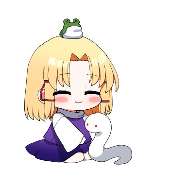 Rule 34 | 1girl, ^ ^, absurdres, animal, animal on head, blonde hair, blush stickers, chibi, chibi only, chinese zodiac, closed eyes, closed mouth, commentary request, frog, full body, hair ribbon, highres, long sleeves, moriya suwako, on head, parted bangs, purple skirt, purple vest, red ribbon, ribbon, shirt, short hair, simple background, sitting, skirt, skirt set, smile, snake, solo, touhou, turtleneck, turtleneck shirt, vest, white background, white shirt, wide sleeves, year of the snake, you (noanoamoemoe)