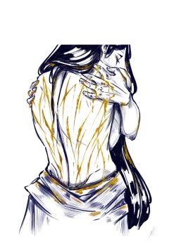 1boy alifreeart black_hair blood blood_in_hair blood_on_back blood_on_clothes blood_on_hands border chinese_clothes commentary dripping english_commentary eyeliner gold gold_blood hanfu high_contrast highres lan_wangji long_hair looking_down makeup male_focus modao_zushi monochrome multiple_scars partially_undressed scar scar_on_back self_hug simple_background solo upper_body very_long_hair white_background white_border white_hanfu