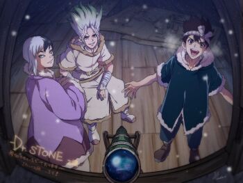 3boys asagiri_gen bandages black_hair brown_eyes chrome_(dr._stone) dr._stone fur_trim green_hair headband highres ishigami_senkuu looking_at_viewer male_focus matsui_ruki multicolored_hair multiple_boys open_mouth signature sitting smile snowing spiked_hair teeth two-tone_hair white_hair window