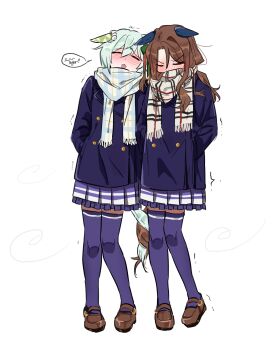 2girls :3 :d animal_ears aqua_hair aqua_tail blush brown_hair brown_shoes brown_tail closed_eyes coat cold ears_down frilled_skirt frills full_body furrowed_brow hands_in_pockets highres horse_ears horse_girl horse_tail intertwined_tails king_halo_(umamusume) layered_skirt long_hair mary_janes multiple_girls open_mouth plaid_clothes plaid_scarf purple_coat purple_skirt purple_thighhighs scarf school_uniform seiun_sky_(umamusume) shoes short_hair simple_background skirt smile speech_bubble standing tail thighhighs tracen_school_uniform trembling umamusume unseuking0427 v-shaped_eyebrows white_background white_skirt wind winter winter_clothes winter_uniform yuri zettai_ryouiki