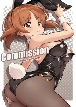 1girl animal_ear_hairband animal_ears ass black_leotard breasts brown_eyes brown_hair commentary_request commission cowboy_shot detached_collar ehirorotoon fake_animal_ears from_behind girls_und_panzer hairband leotard medium_breasts nishizumi_miho pantyhose playboy_bunny rabbit_ears rabbit_tail short_hair side-tie_leotard skeb_commission solo strapless strapless_leotard tail wrist_cuffs