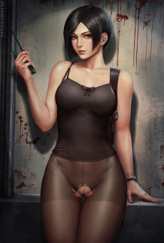 1girl absurdres ada_wong bare_shoulders black_hair blush breasts brown_eyes choker female_focus gloves gun highres looking_at_viewer medium_breasts pantyhose pussy resident_evil resident_evil_2 resident_evil_2_(remake) sciamano240 short_hair simple_background solo standing tank_top torn_clothes torn_pantyhose weapon