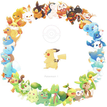 26tumugi absurdres bulbasaur charmander chespin chikorita chimchar copyright_name cyndaquil fennekin fiery_tail fire flame-tipped_tail froakie fuecoco gen_1_pokemon gen_2_pokemon gen_3_pokemon gen_4_pokemon gen_5_pokemon gen_6_pokemon gen_7_pokemon gen_8_pokemon gen_9_pokemon grookey happy highres litten mudkip nintendo no_humans one_eye_closed open_mouth oshawott pikachu piplup pokemon pokemon_(creature) popplio quaxly rowlet scorbunny sharp_teeth simple_background sitting smile snivy sobble sprigatito squirtle starter_pokemon_trio tail teeth tepig torchic totodile treecko turtwig walking white_background