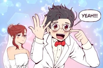 1boy 1girl ayase_momo black_hair blush bow bowtie breasts brown_eyes brown_hair buttons choker commentary couple dandadan dress earrings english_commentary english_text glasses hair_between_eyes happy hetero highres husband_and_wife jewelry looking_at_viewer medium_breasts open_mouth red_bow red_bowtie ring round_eyewear rubixkun_(capnii) short_hair smile star_(symbol) takakura_ken_(dandadan) tuxedo wedding wedding_dress wedding_ring white_choker