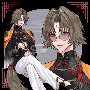 1boy alternate_costume black_background black_shirt black_shoes border brown_hair brown_tail capelet chinese_clothes commentary_request crossed_legs dress emiaki1641 facial_mark forehead_mark glasses grey_background hair_intakes hair_ornament hand_on_own_knee highres holding holding_smoking_pipe long_hair looking_at_viewer male_focus mandarin_collar multiple_views open_mouth orange_capelet pants parted_bangs red_eyes round_border round_eyewear shirt shoes smoke smoking_pipe tangzhuang tassel tassel_hair_ornament two-tone_dress white_pants ye_shiyuan zenless_zone_zero