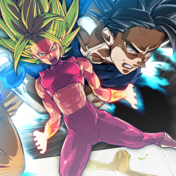 10s 1boy 1girl crop_top dragon_ball dragon_ball_super earrings jewelry kefla_(dragon_ball) muscular muscular_female potara_earrings son_goku spiked_hair stomach super_saiyan super_saiyan_2 supobi tournament_of_power