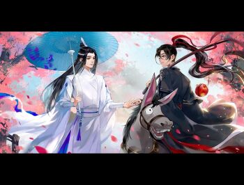 2boys apple black_border black_eyes black_hair black_hanfu blue_sky blue_umbrella border carrying_over_shoulder cherry_blossoms chinese_clothes closed_mouth cowboy_shot day donkey expressionless falling_petals fishing_rod food fruit hair_between_eyes hair_ornament hair_ribbon hand_on_hand hanfu headband high_ponytail holding holding_fishing_rod holding_hands holding_umbrella horseback_riding lan_wangji letterboxed light_particles lips long_hair long_sleeves looking_at_another male_focus modao_zushi multiple_boys oil-paper_umbrella outdoors petals ponytail red_ribbon ribbon riding sky smile spring_(season) topknot tree umbrella umbrella_over_shoulder very_long_hair wavy_hair wei_wuxian white_hanfu white_headband wide_sleeves wind ye_dian_pikaqiu