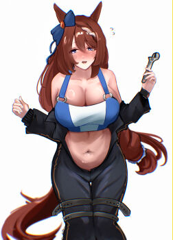 1girl absurdres animal_ears black_jumpsuit blue_eyes blush braid braided_bangs breasts brown_hair cleavage commentary ear_ornament feet_out_of_frame flying_sweatdrops highres holding horse_ears horse_girl horse_tail jumpsuit large_breasts long_hair long_sleeves looking_at_viewer low-braided_long_hair low-tied_long_hair official_alternate_costume open_jumpsuit open_mouth shiny_skin simple_background solo standing super_creek_(umamusume) tail umamusume very_long_hair weebchair white_background white_streaks