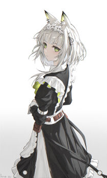 1girl absurdres animal_ear_fluff animal_ears arknights black_dress cat_ears cat_girl closed_mouth dress gradient_background green_eyes grey_hair h4nam1 highres kal'tsit_(arknights) kal'tsit_(the_remains_of_time)_(arknights) maid maid_headdress medium_hair official_alternate_costume sidelocks simple_background solo