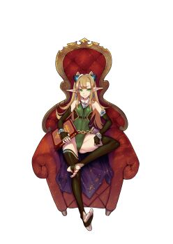 1girl blonde_hair book character_request closed_mouth commentary_request earrings elbow_gloves elf ether_glider fingerless_gloves gloves green_eyes green_leotard highres holding holding_book jewelry leotard pointy_ears sitting smile solo stirrup_legwear thighhighs toeless_legwear z-ton