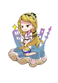 1girl barefoot blonde_hair breasts chibi chibi_only clam commentary_request dairi dress frilled_dress frilled_sleeves frills full_body half-closed_eyes hand_up kneeling large_variant_set long_hair parted_lips short_sleeves side_slit simple_background solo sparkle tachi-e touhou transparent_background variant_set very_long_hair watari_nina white_dress yellow_eyes