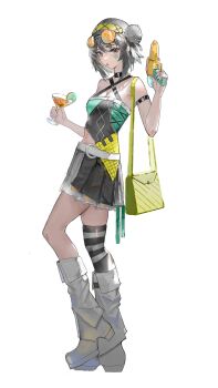 1girl :o absurdres alternate_costume arknights arm_strap armpit_peek bare_shoulders belt black_choker black_shirt black_skirt black_thighhighs boots breasts choker cleavage clothing_cutout cocktail_glass commentary criss-cross_halter cup drinking_glass english_commentary eyewear_on_head facial_mark from_side full_body garnish green_bag grey_eyes grey_hair hair_bun hairband halterneck hands_up heart heart_facial_mark high_heel_boots high_heels highres holding holding_water_gun knee_boots la_pluma_(arknights) layered_skirt light_blush looking_at_viewer medium_breasts medium_hair melancholinnist midriff navel open_mouth shirt sidelocks simple_background single_thighhigh skirt sleeveless sleeveless_shirt solo standing standing_on_one_leg stomach_cutout striped_clothes striped_thighhighs sunglasses tachi-e thighhighs tinted_eyewear water_gun white_background white_belt white_boots yellow-tinted_eyewear yellow_hairband