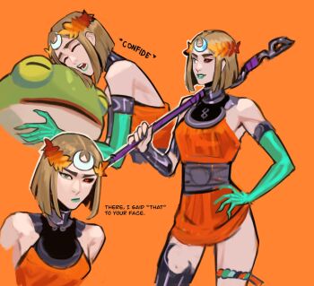 1girl asymmetrical_arms black_sclera blonde_hair bone colored_sclera dress frog glowing_arm greco-roman_clothes green_lips hades_(series) hades_2 highres laurel_crown long_hair melinoe_(hades) mismatched_sclera orange_dress red_eyes see-through_body sethkiel short_hair skeletal_arm smile staff