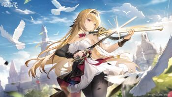 1girl aether_gazer artemis_(aether_gazer) artist_request bird black_hairband black_pantyhose black_sleeves blonde_hair bow_(music) building closed_mouth cloud collar copyright_name copyright_notice detached_collar detached_sleeves dove dress hairband highres holding holding_bow_(music) holding_instrument instrument pantyhose pink_eyes single_detached_sleeve sky solo strapless strapless_dress white_collar white_dress