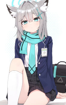 1girl absurdres animal_ear_fluff animal_ears aqua_eyes aqua_necktie aqua_scarf auuufox badge bag black_skirt blue_archive blue_jacket commentary cross_hair_ornament extra_ears grey_hair hair_between_eyes hair_ornament halo highres jacket kneehighs long_hair long_sleeves looking_at_viewer mismatched_pupils necktie open_clothes open_jacket scarf shiroko_(blue_archive) shirt simple_background sitting skirt socks solo white_background white_shirt white_socks wolf_ears wolf_girl