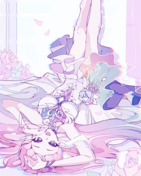 1girl absurdres cyrene_(honkai:_star_rail) cyrene_(ripples_of_past_reverie)_(honkai:_star_rail) diamond-shaped_pupils diamond_(shape) dress highres honkai:_star_rail honkai_(series) long_hair looking_at_viewer lying lyxia nail_polish on_back open_mouth pink_hair pointy_ears purple_eyes purple_nails smile solo symbol-shaped_pupils very_long_hair white_dress