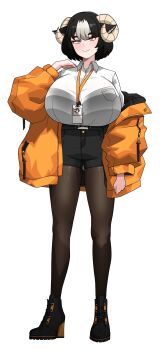 1girl :> absurdres amx1375 animal_ears arm_at_side belt black_gloves black_hair black_shoes black_shorts bra_visible_through_clothes breasts button_gap dress_shirt full_body gloves grin hand_on_own_shoulder high_heels highres horizontal_pupils horns id_card jacket jacket_partially_removed large_breasts long_sleeves medium_hair multicolored_hair off_shoulder original pantyhose sheep_horns shirt shirt_tucked_in shoes shorts smile solo standing two-tone_hair vanessa_(amx1375) white_background white_hair yellow_eyes yellow_jacket