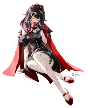 1girl alternate_costume apple black_dress black_gloves black_hair bow cape closed_eyes columbina_(genshin_impact) commentary cosplay dress english_commentary food fruit full_body fylus genshin_impact gloves hair_bow highres holding holding_food holding_fruit invisible_chair long_hair multicolored_hair puffy_short_sleeves puffy_sleeves purple_hair red_bow red_cape red_shoes shoes short_sleeves sitting snow_white_(fairy_tale_character) snow_white_(fairy_tale_character)_(cosplay) solo twitter_username two-tone_hair