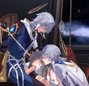 1girl 2boys black_gloves blue_shirt commentary djinchnizhnsh1 english_commentary fellatio gloves grey_hair group_sex hair_between_eyes halo halo_behind_head head_wings highres honkai:_star_rail honkai_(series) jacket long_hair long_sleeves mmf_threesome multiple_boys nude oral penis shirt stelle_(honkai:_star_rail) sunday_(honkai:_star_rail) threesome tongue tongue_out trailblazer_(honkai:_star_rail) white_gloves white_jacket wings yellow_eyes