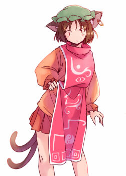 Rule 34 | 1girl, :o, animal ears, blush, brown hair, cat ears, cat girl, cat tail, chen, commentary request, earrings, feet out of frame, fingernails, gold earrings, green hat, hand on own hip, hat, jewelry, knees, long fingernails, long sleeves, miniskirt, mob cap, multiple tails, odaibako, orange sweater, parted lips, rangycrow, red eyes, red skirt, red tabard, short hair, simple background, skirt, solo, sweater, tabard, tail, touhou, two tails, white background, yin yang, yin yang print
