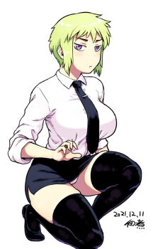 1girl black_necktie black_shoes black_skirt black_thighhighs blush collared_shirt green_hair kneeling legs light_blush long_sidelocks looking_at_viewer mary_janes necktie office_lady on_one_knee original panties panty_peek pencil_skirt pink_nails purple_eyes shirt shoes short_hair sidelocks signature simple_background skirt sleeves_rolled_up solo thighhighs thighs tight_clothes tight_shirt tsukudani_(coke-buta) underwear white_background white_shirt