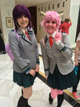 Rule 34 | absurdres, ashido mina, ashido mina (cosplay), black sclera, boku no hero academia, closed mouth, colored sclera, colored skin, cosplay, cosplay photo, green skirt, grey jacket, highres, horns, jacket, jiro kyoka, jiro kyoka (cosplay), messy hair, necktie, photo (medium), pink skin, real life, red necktie, rlkitterman, school uniform, shirt, skirt, smile, solo, teeth, u.a. school uniform, v, white shirt, yellow eyes, yellow horns