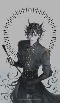 1boy :p ajsaart amon_(lord_of_the_mysteries) black_eyes black_gloves black_hair black_shirt circle claws corset cowboy_shot demon_horns epaulettes gloves gold_trim highres holding horns looking_at_viewer lord_of_the_mysteries male_focus messy_hair monocle narrowed_eyes shirt short_hair smoke solo sword tongue tongue_out weapon
