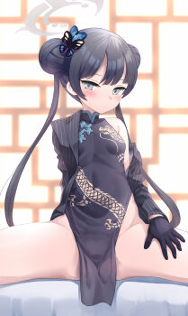 1girl absurdres arm_behind_back black_dress black_gloves black_hair blue_archive blush breasts butterfly_hair_ornament cameltoe china_dress chinese_clothes closed_mouth commentary_request covered_navel double_bun dragon_print dress gloves grey_eyes grey_halo hair_bun hair_ornament halo hand_on_own_thigh highres hip_bones jacket kisaki_(blue_archive) long_hair long_sleeves looking_at_viewer no_panties off-shoulder_jacket off_shoulder open_clothes open_jacket pelvic_curtain pinstripe_jacket pinstripe_pattern print_dress sleeveless sleeveless_dress small_breasts solo sota spread_legs striped_clothes striped_jacket sweat thighs twintails vertical-striped_clothes vertical-striped_jacket
