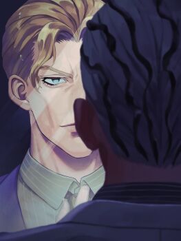 Rule 34 | 1boy, blonde hair, buzz cut, diamond wa kudakenai, formal clothes, highres, jojo no kimyou na bouken, kira yoshikage, looking at mirror, male focus, mirror, multicolored hair, necktie, pinstripe pattern, pinstripe shirt, purple suit, reflection, rr9pt76u5phwgqx, shirt, short hair, solo, split theme, suit, two-tone hair, very short hair