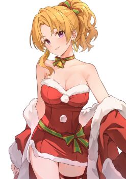 1girl b1ack_illust bare_shoulders bell blonde_hair breasts choker cleavage collarbone commentary cowboy_shot dress earrings fur-trimmed_dress fur_trim highres idolmaster idolmaster_cinderella_girls jewelry kiryu_tsukasa_(idolmaster) looking_at_viewer medium_breasts neck_bell ponytail purple_eyes red_dress santa_costume santa_dress simple_background smile solo strapless strapless_dress white_background