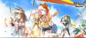 3girls adjusting_goggles animal_ears arknights bag bandeau beach belt bikini bird black_bandeau black_jacket blue_bag blue_eyes bolimandw bracelet breasts brown_hair caper_(arknights) caper_(summer_flowers)_(arknights) chinese_commentary clothes_around_waist cloud collar collarbone commentary_request crop_top cutoffs drink drinking_straw fingerless_gloves food food_in_mouth frilled_bikini frills fruit gloves goggles goggles_on_head green_hair hair_between_eyes hand_fan holding holding_drink horns hoshiguma_(arknights) hoshiguma_(seeker)_(arknights) jacket jacket_around_waist jewelry long_sidelocks long_sleeves may_(arknights) may_(summer_flowers)_(arknights) multiple_girls navel ocean off-shoulder_bikini off_shoulder official_alternate_costume open_clothes open_jacket orange-tinted_eyewear outdoors paper_fan parasol pineapple pink_hair planted planted_surfboard pom_pom_(clothes) popsicle popsicle_in_mouth rabbit_ears red_eyes red_gloves rubber_duck seagull shoulder_bag sidelocks single_horn skin-covered_horns sky surfboard swimsuit thigh_belt thigh_strap tinted_eyewear uchiwa umbrella underboob visor_cap