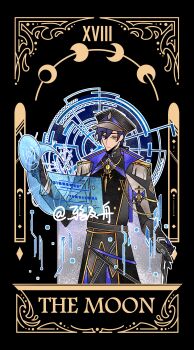 1boy absurdres belt black_background black_belt black_cape black_coat black_gloves black_hat black_pants blue_eyes blue_hair brooch buttons cane cape card_(medium) clarence_clayden clarence_clayden_(infinite_empire) closed_mouth coat cowboy_shot crescent double-breasted english_text epaulettes expressionless eye_symbol gloves gold_trim hair_between_eyes hair_ribbon hat heterochromia highres holding holding_cane holographic_interface holographic_monitor jewelry long_hair long_sleeves looking_at_screen lovebrush_chronicles low_ponytail male_focus medal military_hat military_uniform mole mole_under_eye moon_phases outline pants peaked_cap ponytail ribbon roman_numeral science_fiction simple_background solo standing tarot tarot_(medium) the_moon_(tarot) two-sided_cape two-sided_fabric white_outline ya_ji_zhou yellow_eyes