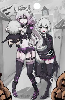 Rule 34 | 2girls, absurdres, animal ears, artist name, atalanta (fate), atalanta alter (fate), black thighhighs, cat ears, cat tail, commentary request, fang, fate/grand order, fate (series), gradient hair, green eyes, hair between eyes, heart, highres, jack-o'-lantern, jack the ripper (fate/apocrypha), jamshrimpy, legband, long sleeves, looking at another, multicolored hair, multiple girls, navel, open mouth, outdoors, pumpkin, purple hair, skin fang, tail, thick thighs, thighhighs, thighs