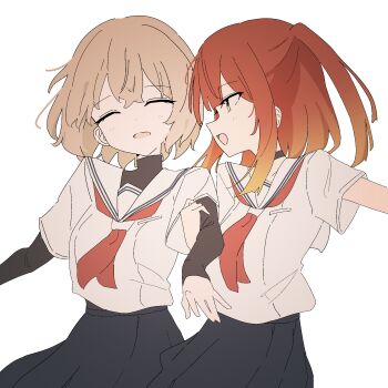 2girls arm_hug black_skirt brown_hair closed_eyes commentary_request giryu highres layered_sleeves long_sleeves multiple_girls neckerchief open_mouth pleated_skirt red_hair red_neckerchief school_uniform serafuku shirt short_hair short_over_long_sleeves short_sleeves simple_background skirt smile two_side_up undershirt watashi_wo_tabetai_hitodenashi white_background white_shirt yaotose_hinako yashiro_miko yellow_eyes