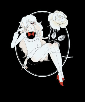 1boy black_background black_border black_shorts border bow bowtie commentary_request eyeliner flower frilled_shirt_collar frills full_body hand_up head_rest high_heels highres invisible_floor kneehighs knees_up legs_together long_hair long_sleeves looking_to_the_side m_(mi_me_bt) makeup male_focus maraich_juschenfe outside_border pale_skin parted_lips patalliro! pumps red_bow red_bowtie red_eyeliner red_lips red_shoes rose rouge_(makeup) round_border scoop_neck shirt shoes short_shorts shorts socks solo trap turtleneck wavy_hair white_flower white_hair white_rose white_shirt white_socks