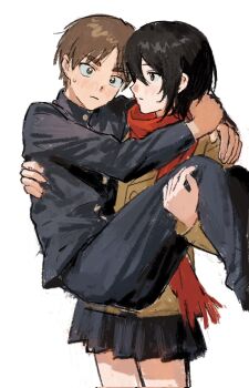 1boy 1girl arms_around_neck ate46684026 black_hair black_jacket black_pants black_skirt brown_hair brown_jacket carrying eren_yeager gakuran hair_between_eyes hashtag-only_commentary highres jacket mikasa_ackerman pants parted_bangs pleated_skirt princess_carry red_scarf scarf school_uniform shingeki_no_kyojin short_hair skirt sweatdrop white_background
