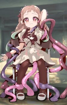 1girl arm_at_side arm_behind_head arm_up black_dress black_pantyhose brown_hair colored_tips dress embarrassed female_focus full_body green_hair grey_dress heart heart-shaped_pupils indoors jibaku_shounen_hanako-kun loli long_hair multicolored_hair nervous pantyhose restrained scared shoes sitting solo symbol-shaped_pupils tentacles trembling two-tone_dress two-tone_hair white_shoes yashiro_nene yuzukiaz