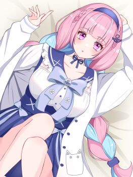 Rule 34 | 1girl, anchor hair ornament, anchor symbol, bare legs, blue choker, blue hair, blue hairband, blue sailor collar, blush, bow, braid, choker, colored inner hair, frilled sailor collar, frills, hair ornament, hairband, high-waist skirt, highres, hololive, jacket, long hair, long sleeves, looking at viewer, lying, minato aqua, minato aqua (sailor), multicolored hair, official alternate costume, official alternate hairstyle, on back, on bed, pink hair, purple eyes, ribbon choker, sailor collar, school uniform, serafuku, skirt, solo, twin braids, two-tone hair, user uvdj4347, virtual youtuber