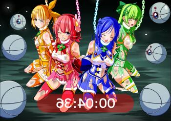 4girls arms_behind_back back_bow bad_end beaten blue_dress blue_hair blue_hairband blush body_blush bound bound_wrists bow breasts bruise bruise_on_arm bruise_on_face bruise_on_leg bruise_on_stomach camera capelet captured chain chained clenched_teeth closed_eyes clover clover_cobalt clover_leaf clover_mari clover_rose collar dark defeat detached_sleeves dirty dirty_clothes dirty_face dress drone flower four-leaf_clover gloves glowing_chain green_capelet green_dress green_hair green_hairband hair_between_eyes hairband hasumi_ren_(clover_rose) injury kneeling koeda0111 large_bow long_hair magical_girl medium_breasts medium_hair metal_collar miniskirt multicolored_dress multicolored_skirt multiple_girls navel one_eye_closed open_mouth orange_dress orange_hairband orange_thighhighs original outstretched_arms pain panties pantyshot peril pink_dress pink_eyes pink_hair pleated_skirt red_hairband restrained ryona shimono_aoi short_dress sidelocks skirt sleeveless sleeveless_dress small_breasts spread_arms strapless strapless_dress teeth tendou_erika thighhighs tied_up_(nonsexual) torn torn_bow torn_capelet torn_clothes torn_skirt torn_thighhighs tube_dress unconscious underwear utsugi_chisaki violence white_panties wince wispy_bangs yellow_panties yotsuba_no_senki_clover_rose zettai_ryouiki