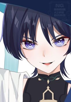 1boy black_bodysuit black_hair blue_hat blunt_ends bodysuit bright_pupils commentary_request eyeliner eyeshadow genshin_impact hat highres japanese_clothes kimono looking_at_viewer makeup male_focus mandarin_collar open_mouth portrait purple_eyes red_eyeliner red_eyeshadow ringed_eyes ruta_nico2 scaramouche_(genshin_impact) shoulder_peek smile solo straight-on tilted_headwear tsurime wanderer_(genshin_impact) watermark white_background white_kimono white_pupils wispy_bangs