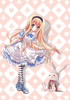 1girl alice_(alice_in_wonderland) alice&#039;s_adventures_in_wonderland apron argyle_background argyle_clothes black_&amp;_white blonde_hair blue_dress blue_eyes bow club_(shape) crossed_legs curtsey diamond_(shape) diamonds dress female_focus hairband heart lolita_fashion long_hair mary_janes pantyhose patterned_legwear pocket_watch shoes skirt_hold smile solo spade_(shape) standing striped_clothes striped_pantyhose stuffed_animal stuffed_rabbit stuffed_toy sweet_lolita tareme watch watson_cross white_rabbit_(alice_in_wonderland) yukiwo