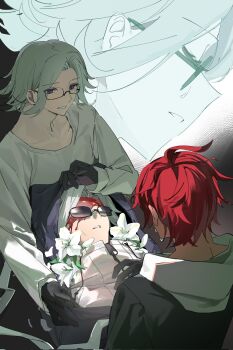 3boys ahoge anfuu_daisuki aotsuki_eito black_gloves blood blood_on_face body_bag character_background chinese_commentary closed_eyes commentary_request corpse crying dual_persona flower glasses gloves grey_hair grey_jacket highres hood hoodie jacket jacket_over_hoodie looking_at_another male_focus multiple_boys red_hair shirt short_hair smile sumino_takumi the_hundred_line_-last_defense_academy- white_hoodie white_jacket white_shirt