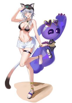 1girl ;o animal_ears baseball_cap bikini black_bikini blue_eyes breasts cat_ears cat_girl cat_tail cipher_(honkai:_star_rail) cleavage commentary_request full_body grey_hair hat heart heart-shaped_pupils higashiwun_izumi highres honkai:_star_rail honkai_(series) large_breasts navel one_eye_closed sandals short_hair_with_long_locks short_shorts shorts simple_background spirithief_bartholos_(honkai:_star_rail) stomach swimsuit symbol-shaped_pupils tail thigh_strap thighs toes white_background white_shorts
