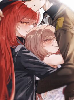 1boy bibie307 blush brown_hair commander_(nikke) faceless faceless_male goddess_of_victory:_nikke group_hug hetero highres hug jacket long_hair military_jacket military_uniform multiple_girls official_alternate_costume official_alternate_design official_alternate_hair_color only_one_(nikke) rapi_(nikke) rapi_(red_hood)_(nikke) rapi_(young)_(nikke) red_eyes red_hair sandwiched smile spoilers watermark white_gown