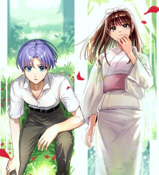 1boy 1girl aqua_eyes black_pants blue_hair bow brown_eyes brown_hair commentary_request grass hair_bow highres japanese_clothes kamura_naozumi kodomo_no_omocha kurata_sana mizu_no_yakata nanao_itsuki pants petals shirt sweatdrop white_shirt