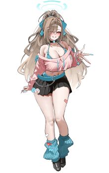 1girl absurdres alternate_costume asuna_(blue_archive) asymmetrical_bangs bandaid bandaid_on_leg belt black_shoes black_skirt blonde_hair blue_archive blue_belt blue_bow blue_bra blue_eyes blue_halo blue_ribbon blue_socks blush bow bra breasts cleavage film_grain fingernails grin hair_over_one_eye halo highres kono_(xerondan321) large_breasts long_fingernails long_hair looking_at_viewer midriff mole mole_on_breast navel off_shoulder ponytail ribbon shoes simple_background skirt smile socks solo underwear very_long_fingernails w white_background