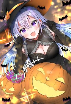 1girl :d bat_(animal) black_dress black_gloves blue_hair blush breasts candy cleavage cleavage_cutout clothing_cutout commentary crossed_bangs dress elbow_gloves fang food gloves hair_between_eyes halloween halloween_costume hat highres idolmaster idolmaster_shiny_colors jack-o&#039;-lantern large_breasts long_hair looking_at_viewer open_mouth pumpkin purple_eyes shingi_(truth_fakesingi) skin_fang smile solo suzuki_hana witch_hat