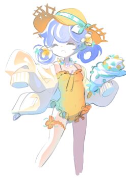 Rule 34 | 1girl, :o, ^ ^, absurdres, backlighting, bare legs, bare shoulders, bow, breasts, closed eyes, cookie run, cookie run: kingdom, covered navel, cropped legs, double-parted bangs, facing to the side, flipped bangs, flower, flower necklace, frilled one-piece swimsuit, frilled thigh strap, frills, green bow, hair between eyes, hair flower, hair ornament, hair rings, hat, hat bow, highres, holding seashell, humanization, jacket, jewelry, long sleeves, low twintails, medium hair, milky way cookie, milky way cookie (conductor's summer getaway), necklace, official alternate costume, official alternate hair length, official alternate hairstyle, one-piece swimsuit, open clothes, open jacket, open mouth, orange flower, orange hat, orange one-piece swimsuit, pale skin, pic p p, puffy long sleeves, puffy sleeves, seashell, shell, simple background, sleeves past fingers, sleeves past wrists, small breasts, solo, sun hat, swimsuit, thigh strap, twintails, white background, white flower, white hair, white jacket